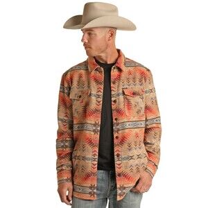 Rock & Roll Denim Shirt Jacket Shacket Mens XL Aztec Southwestern Snap Jacquard